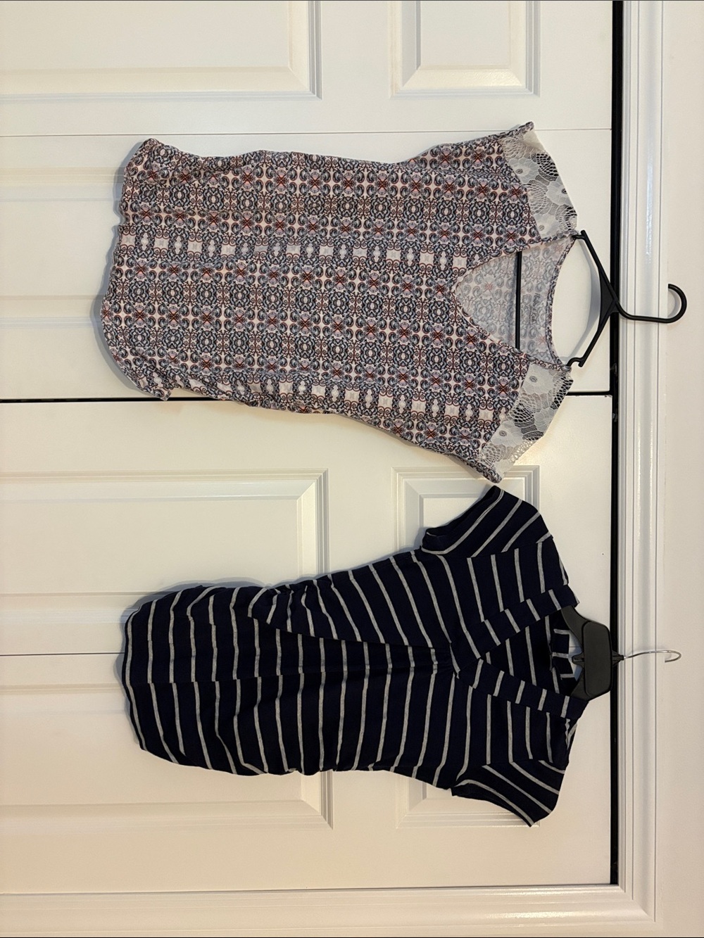 Two Women's Maternity Summer Tops - Patterned Sleeveless & Navy Striped Tee